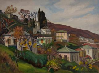 Zagora, View with Cypresses — Oil painting, Canvas, 54.00×73.00cm — Theodoros Markellos